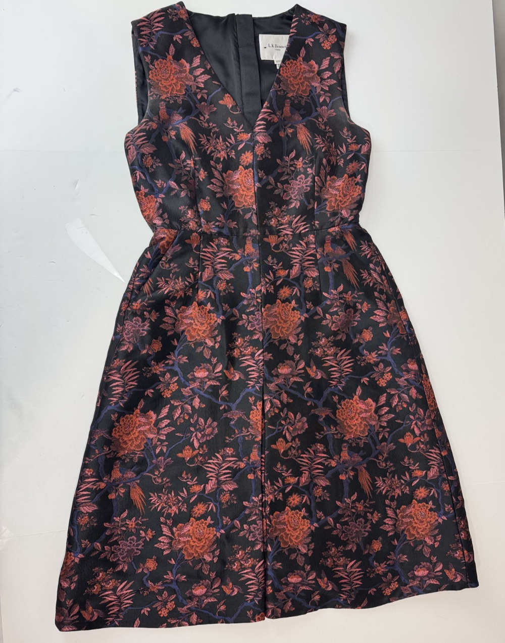 LK Bennett London Delysia Floral Dress Jaquard Sleeveless V-Neck Midi Size 6 US